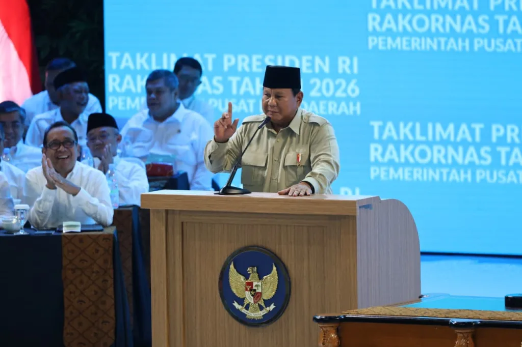 Presiden RI Prabowo Subianto saat agenda Taklimat Presiden pada Rapat Koordinasi Nasional Pemerintah Pusat dan Daerah di Bogor.