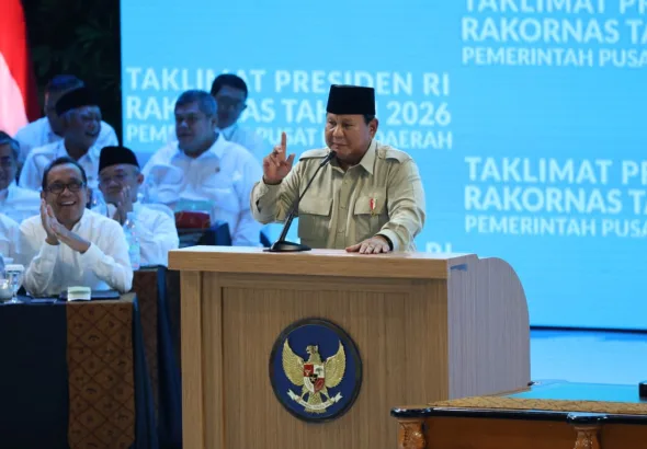 Presiden RI Prabowo Subianto saat agenda Taklimat Presiden pada Rapat Koordinasi Nasional Pemerintah Pusat dan Daerah di Bogor.